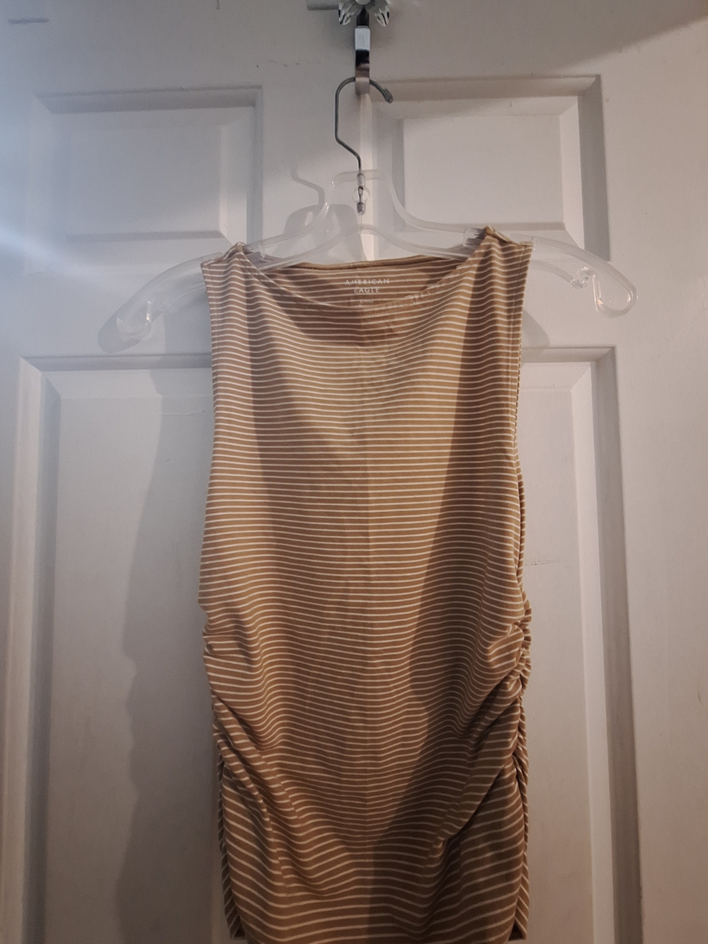 AMERICAN EAGLE Size SMALL Beige and White Striped Sleeveless Ruched Tank
